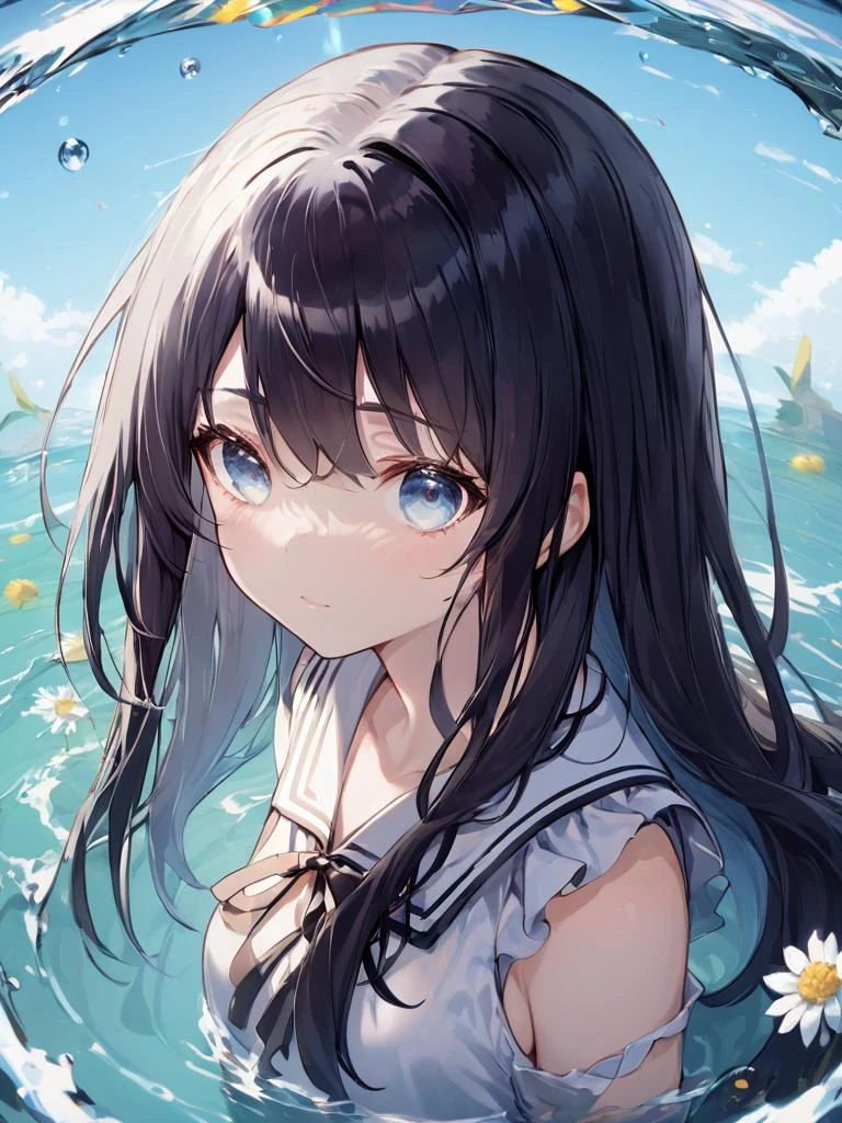 extremely detailed CG unity 8k wallpaper,best qualityï¼noon,beautiful detailed  waterï¼long black hairï¼beautiful detailed girlï¼serafuku,view straight on,eyeball,hair flower,close up,