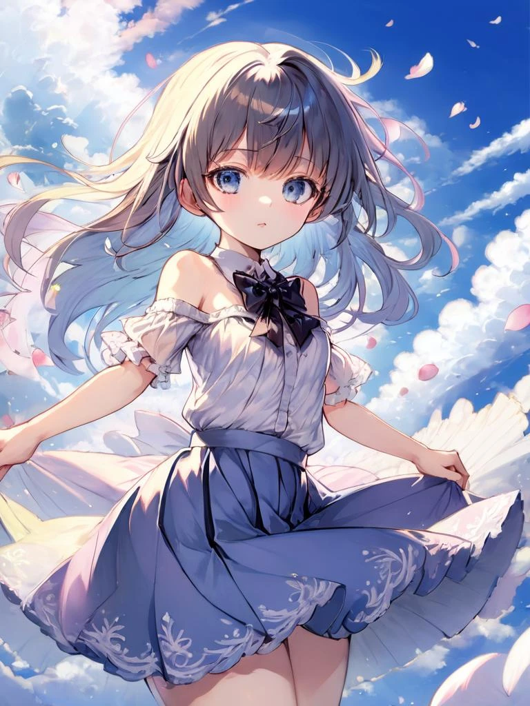 (((masterpiece))), (((best quality))), ((ultra-detailed)), (illustration), (1 girl), (solo), ((an extremely delicate and beautiful)), little girl, ((beautiful detailed sky)), beautiful detailed eyes, side blunt bangs, hairs between eyes, ribbons, bowties, buttons, bare shoulders, (small breast), blank stare, pleated skirt, close to viewer, ((breeze)), Flying splashes, Flying petals, wind