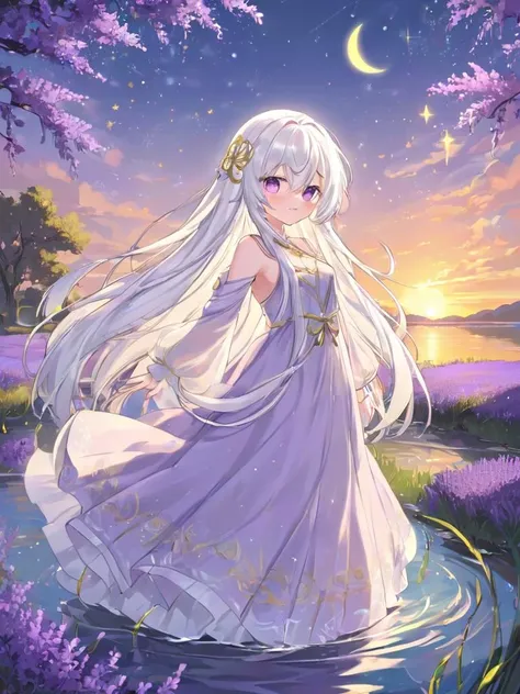 {{{masterpiece}}}, {{best quality}}, {{super fine illustration}}, {{beautiful and delicate water}}, {{beautiful and detailed eyes}, {very detailed light}, {perfect and delicate limbs}, {nature}, {painting}, {water bloom}, {delicate glow}, {{very fine 8KCG wallpaper}}, lavender eyes, peach pink pupils, whole body, white hair, luminous eyes, an extremely delicate and beautiful girl, (1 girl), medium chest circumference, dynamic angle, (Violet dress with gold decoration), (long hair floating everywhere), (beautiful hair decoration), (delicate wet dress), (nsfw), (breeze), long hair blown up, ((messy hair style)), (long bangs between eyes), wrinkled skirt, Flowers meadow, near the water edge, (((sunset)), (less stars form a circle), randomly distributed clouds, (rivers), (willows with branches falling into the water)