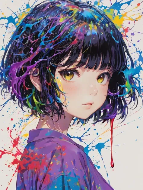 (masterpiece:1.2), ((Intricate details)), Cover art, chaos,
Upper Body, One girl, Japanese Girls, short hair, Black Hair, bangs, Forehead hair, high quality, (red, green, yellow, purple, Green Ink), ((Front view)), Dripping from the face, Clothes dripping, Ink dripping, (Additional weight 1:1.0), (Double exposure), Ink painting landscape
