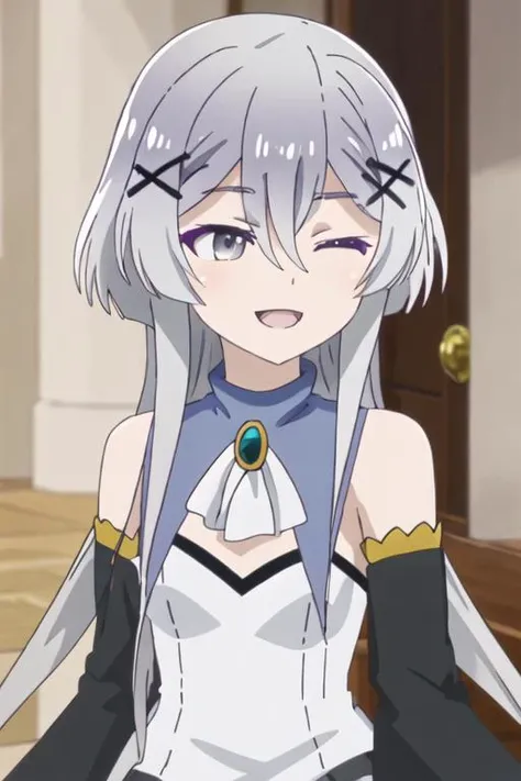 best quality, masterpiece, highres, solo, {misaana_farrengram_kumakumakumabear:1.15}, hair_ornament, x_hair_ornament, long_hair, grey_hair, grey_eyes, bangs, hair_between_eyes, smile, open_mouth, 1girl, closed_mouth, bare_shoulders, detached_sleeves, closed_eyes, upper_body, sidelocks