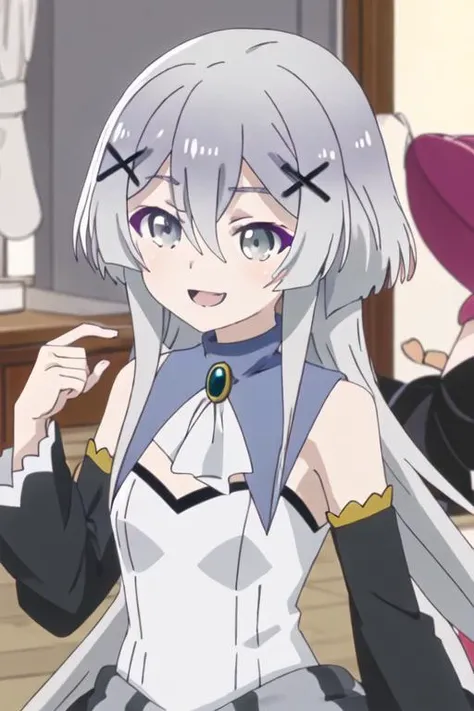 best quality, masterpiece, highres, solo, {misaana_farrengram_kumakumakumabear:1.15}, hair_ornament, x_hair_ornament, long_hair, grey_hair, grey_eyes, bangs, hair_between_eyes, smile, open_mouth