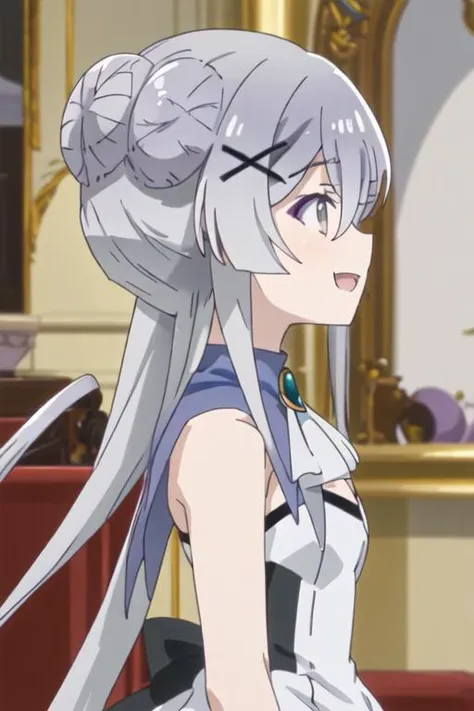 best quality, masterpiece, highres, solo, {misaana_farrengram_kumakumakumabear:1.15}, hair_ornament, x_hair_ornament, long_hair, grey_hair, grey_eyes, bangs, hair_between_eyes, smile, open_mouth, 1girl, double_bun, from_side, hair_bun, profile, ribbon, bare_shoulders, blue_dress, dress, hair_ribbon, sidelocks, upper_body, black_ribbon, indoors, :d, gift, stuffed_animal, stuffed_toy