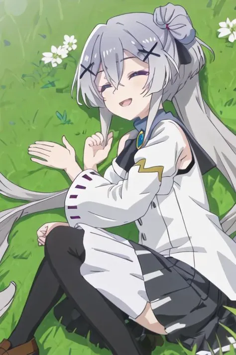 best quality, masterpiece, highres, solo, {misaana_farrengram_kumakumakumabear:1.15}, hair_ornament, x_hair_ornament, long_hair, grey_hair, grey_eyes, bangs, hair_between_eyes, smile, open_mouth, 1girl, closed_eyes, grass, lying, on_side, ponytail, puffy_short_sleeves, puffy_sleeves, ribbon, short_sleeves, sleeping, school_uniform, shirt, white_shirt, fetal_position, hair_ribbon, pantyhose, skirt, brown_footwear, brown_skirt, on_grass