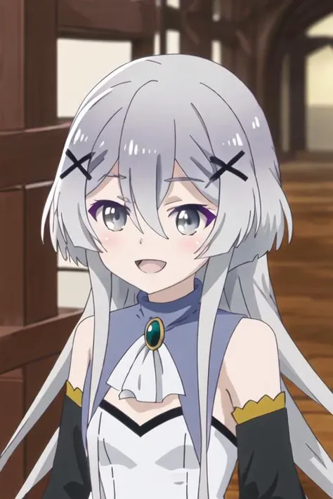 best quality, masterpiece, highres, solo, {misaana_farrengram_kumakumakumabear:1.15}, hair_ornament, x_hair_ornament, long_hair, grey_hair, grey_eyes, bangs, hair_between_eyes, smile, open_mouth, 1girl, bare_shoulders, sidelocks, :d, detached_sleeves, upper_body, looking_at_viewer, ascot, blush, gem