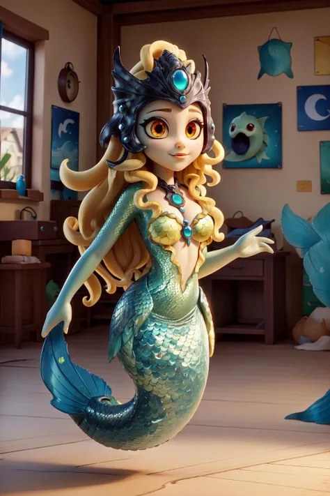 (masterpiece, best quality), intricate details,
<lora:NamiLoL:0.8> nami, mermaid, monster girl, blonde hair, colored sclera, black sclera, red eyes, orange eyes, helmet, jewelry,