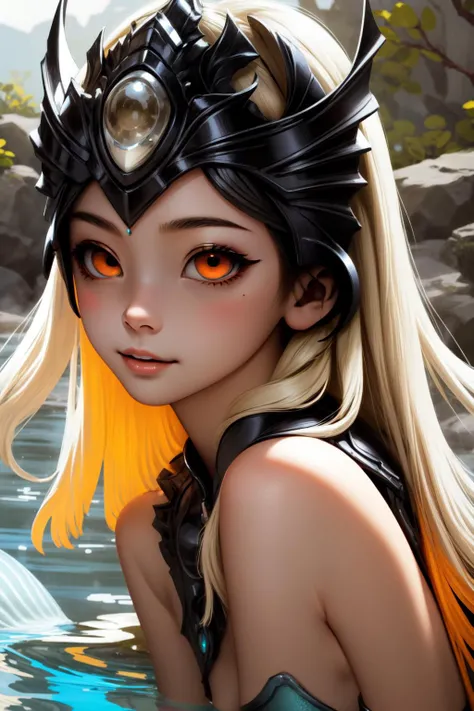 (masterpiece, best quality), intricate details,
<lora:NamiLoL:0.8> nami, mermaid, monster girl, blonde hair, colored sclera, black sclera, red eyes, orange eyes, helmet, jewelry,
<lora:OppaiSliderBig:-0.8>