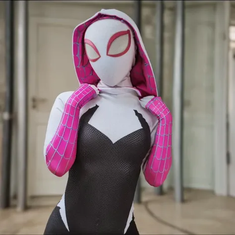 <lora:SpiderGwen-000004:1> , SpiderGwen, 1 girl, mask, alone, looking at viewer, pov, spiderman, costume