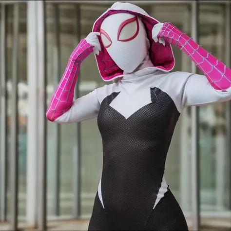 <lora:SpiderGwen-000004:1> , SpiderGwen, 1 girl, mask, alone, looking at viewer, pov, spiderman, costume