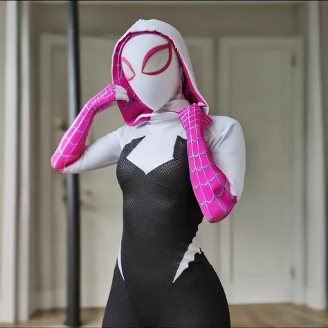 <lora:SpiderGwen-000004:1> , SpiderGwen, 1 girl, mask, alone, looking at viewer, pov, spiderman, costume
