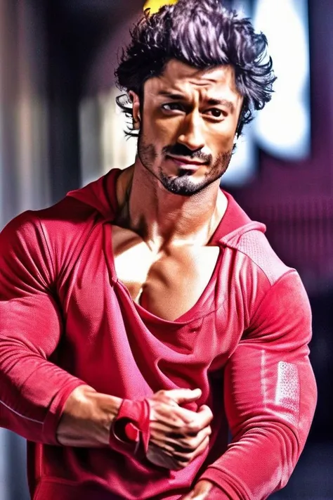 ezra miller a man <lora:Vidyut-Jamwal_Ezra-Miller:1>, realistic photo in a worn ((skin-revealing skimpy erotic red tracksuit, massive hairy pecs)), abs, big pecs, big arms, bulge, VPL, ((light bokeh)), intricate, (steel metal [rust]), elegant, erotic, exuding sexual energy, homoerotic, sharp focus, photo by greg rutkowski, soft lighting, vibrant colors, (masterpiece), ((streets)), (detailed face), looking at viewer, light smile, night, walking towards viewer, cinematic lighting, beautiful lighting, cinematic lighting, (hazy filter, film grain:1.2)