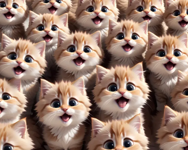 modisn disney, many fluffy cute kittens next to each other, adorable, cute little mouth open, happy expression, random fur color, highly detailed, intricate, high quality, HD