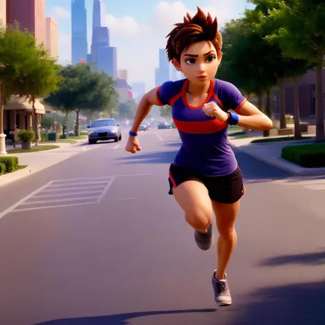 (modisn:3), high-resolution 3d render, athletic tomboy, running through city