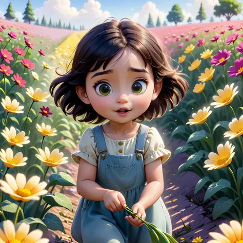 modisn disney, a little girl playing in a flower field, adorable, good, intensely beautiful image, sharp resolution
