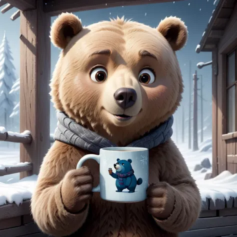 modisn disney, a bear holding a mug during a cold winter day, cozy, high resolution, highly detailed