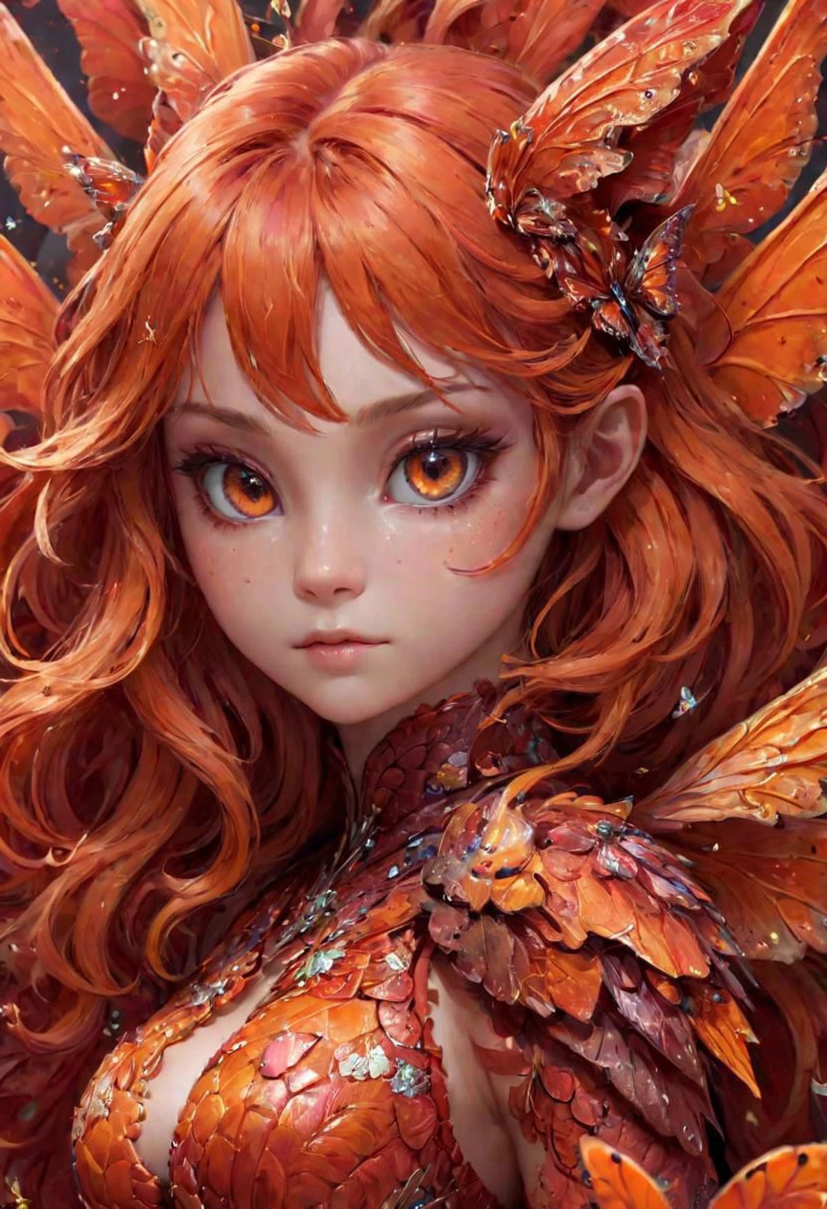 cat dragon girl, butterflies, detailed skin, scarlet rot, orange theme, red theme, photography of a cute cat dragon girl, big eyes, intricate details, realism, colorful cyberpunk <lora:scrletroxl-step00000350:1>