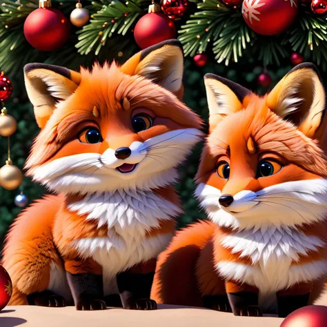 modisn disney, close-up group image of cute and adorable foxes, comfy, high quality, fine details, christmas scenery