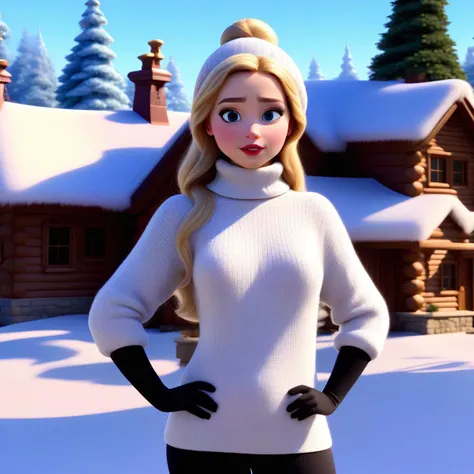 1 woman, high-resolution 3d render, (modern disney style:3), turtleneck sweater, log cabin in the winter