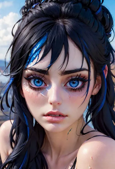 (1 girl), medium Portrait of a girl, the most b eautiful European girl in the world, (suntanned skin), (medium shot), no clipping, European, shy, blushing, blue eyes,(highest detailed face) coloured hair, 27 years old girl, small tits,  light passing through hair (high contrast, official art, extreme detailed, highest detailed), outdoors, morning lighting, professional photograph of a girl, (nude) on a primitive tropical beach, sharp focus, dramatic, award winning, cinematic lighting, volumetrics dtx, (film grain, blurry background, blurry foreground, bokeh, depth of field, morning light, interaction), (masterpiece), (extremely intricate:1.3), (ultra realistic)