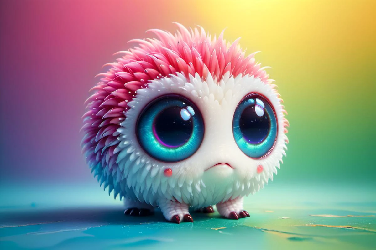 A white flat worm kawaii monster, it has a pensive expression and two different colored eyes, neon glow colors, highly intricate details, 3d high definition beautiful resolution <lora:zhibi-sdxl:0.8> zhibi <lora:bigeyes-v2_16x8-4x1:1.8> big eyes, subsurface scattering, ultra hd, 4k, high def, Photorealistic, Hyperrealistic, Hyper detailed, analog style, realistic, masterpiece, best quality, ultra realistic, 8k, Intricate, High Detail, film photography, soft lighting, heavy shadow
