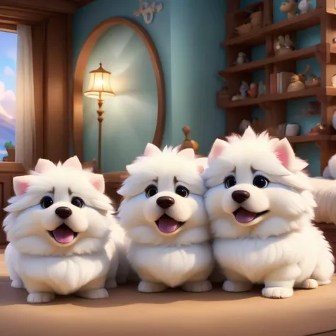 modisn disney, fluffy cute dogs, in a cozy room, very high quality, absolutely outstanding image, flawless