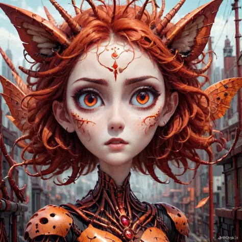 cat dragon girl, butterflies, detailed skin, scarlet rot, orange theme, red theme, photography of a cute cat dragon girl, big eyes, intricate details, realism, colorful cyberpunk <lora:scrletroxl-step00000350:1>