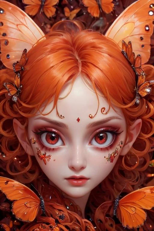 scrletroxl, butterflies, skin burns, scarlet rot, orange theme, red theme, photography of a cute fairy, big eyes, intricate details, realism, colorful cyberpunk <lora:scrletroxl-step00000350:1>