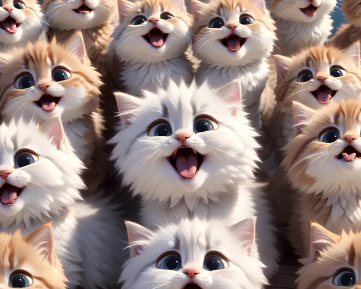 modisn disney, many fluffy cute kittens next to each other, adorable, cute little mouth open, happy expression, random fur color, highly detailed, intricate, high quality, HD