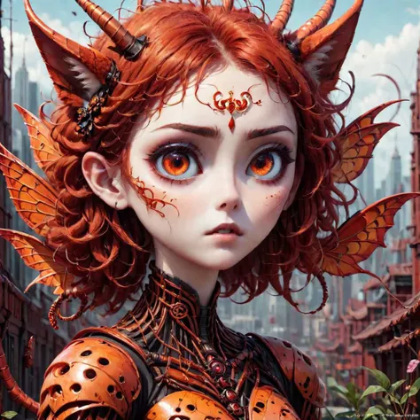 cat dragon girl, butterflies, detailed skin, scarlet rot, orange theme, red theme, photography of a cute cat dragon girl, big eyes, intricate details, realism, colorful cyberpunk  <lora:scrletroxl-step00000350:1>