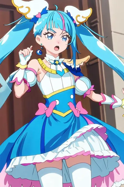 best quality, masterpiece, highres, solo, {cure_sky_hirogaruskyprecure:1.15}, blue_hair, blue_eyes, long_hair, twintails, magical_girl, bangs, open_mouth, pink_hair, multicolored_hair