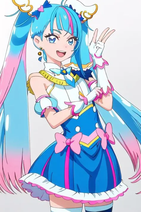 best quality, masterpiece, highres, solo, {cure_sky_hirogaruskyprecure:1.15}, blue_hair, blue_eyes, long_hair, twintails, magical_girl, bangs, open_mouth, pink_hair, multicolored_hair, 1girl, smile, short_hair, upper_body, :d, shirt, anime_coloring, side_ponytail