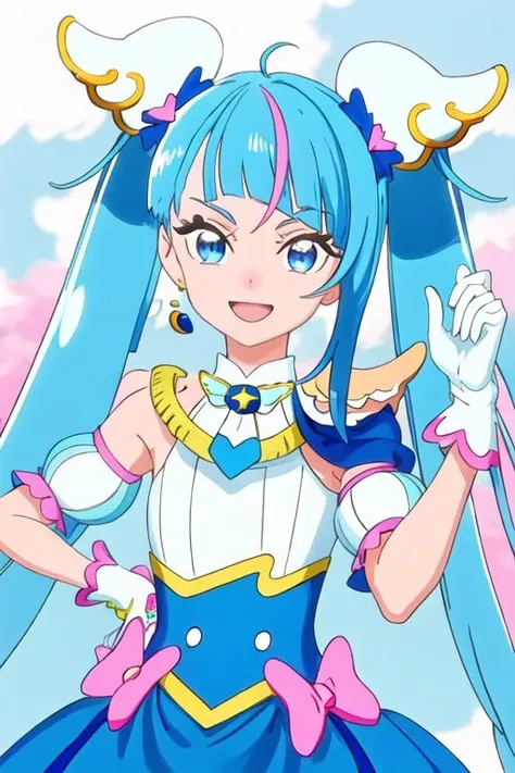 best quality, masterpiece, highres, solo, {cure_sky_hirogaruskyprecure:1.15}, blue_hair, blue_eyes, long_hair, twintails, magical_girl, bangs, open_mouth, pink_hair, multicolored_hair, 1girl, blunt_bangs, close-up, hair_ornament, looking_at_viewer, closed_mouth, heart, portrait, streaked_hair, floating_hair, smile