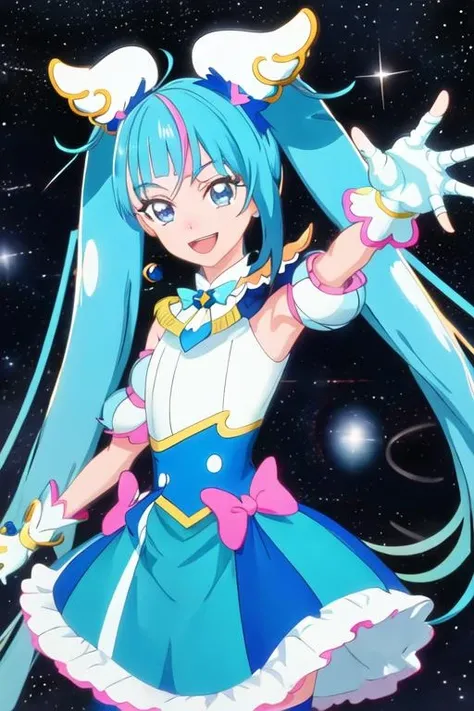 best quality, masterpiece, highres, solo, {cure_sky_hirogaruskyprecure:1.15}, blue_hair, blue_eyes, long_hair, twintails, magical_girl, bangs, open_mouth, pink_hair, multicolored_hair, 1girl, looking_at_viewer, microphone, smile, :d, aqua_hair, space