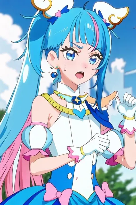 best quality, masterpiece, highres, solo, {cure_sky_hirogaruskyprecure:1.15}, blue_hair, blue_eyes, long_hair, twintails, magical_girl, bangs, open_mouth, pink_hair, multicolored_hair, 1girl, blue_shirt, blue_sky, closed_eyes, cloud, day, outdoors, shirt, short_sleeves, sky, upper_body, hands_up, side_ponytail, sweatdrop
