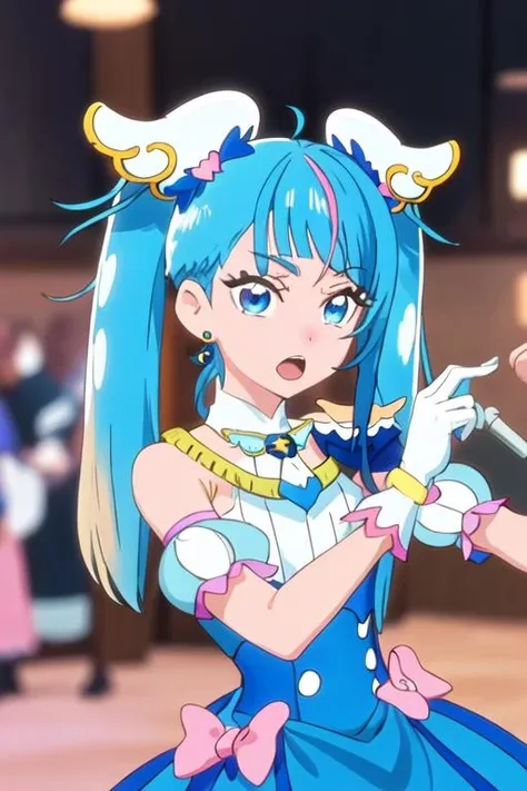 best quality, masterpiece, highres, solo, {cure_sky_hirogaruskyprecure:1.15}, blue_hair, blue_eyes, long_hair, twintails, magical_girl, bangs, open_mouth, pink_hair, multicolored_hair, 1girl, anime_coloring, blunt_bangs, blurry, blurry_background, close-up, parody, portrait, looking_at_viewer