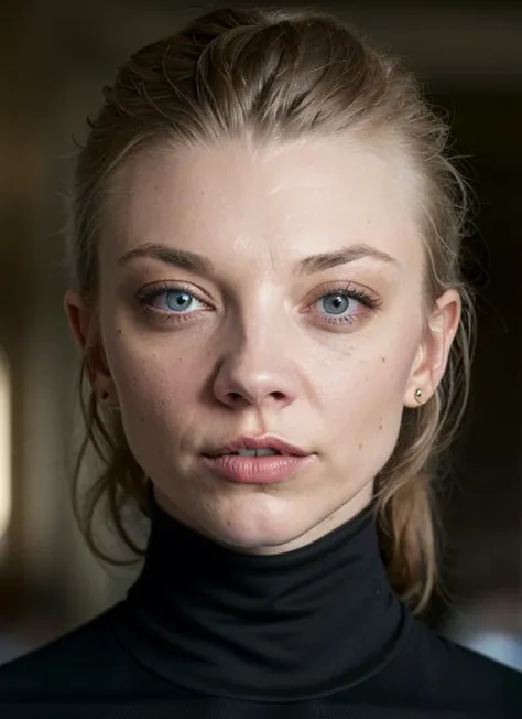 A stunning intricate color close up portrait of (sks woman:1) , wearing Turtleneck bodysuit and high-waisted trousers, epic character composition, sharp focus, natural lighting, subsurface scattering, f2, 35mm, film grain, , by Annie Leibovitz, <lora:lora-small-natalie-dormer-v2:1>