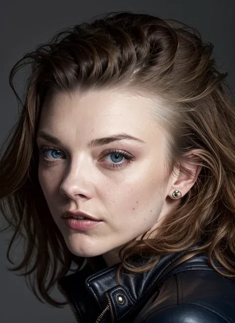 A stunning intricate color close up portrait of (sks woman:1) , wearing Leather jacket and skinny jeans, epic character composition, sharp focus, natural lighting, subsurface scattering, f2, 35mm, film grain, , by Guy Bourdin, <lora:lora-small-natalie-dormer-v2:1>