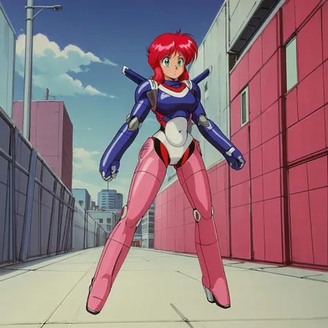 masterpiece,best quality,ultra detail,sunset,dutch angle,girl,upper body,riding fantasy bike, YohkoAsagiri,1girl,ruins,red hair,Side ponytail,brown eyes, <lora:YohkoAsagiri001:0.7>choker, shoulder armor,metalic blue bikini_armor, arm armor, armored boots