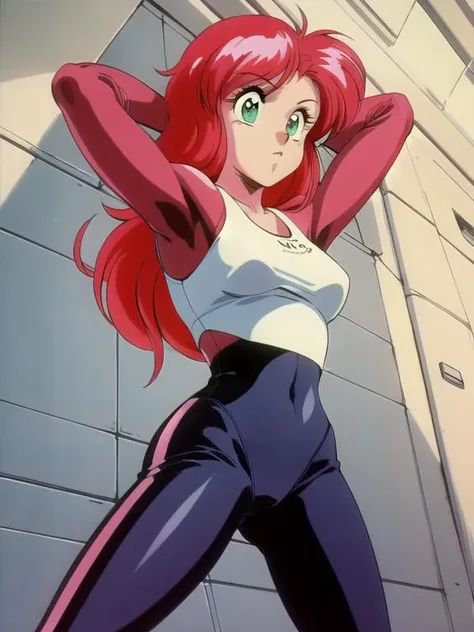 masterpiece, <lora:NeneRomanova001:0.7>, <lora:add_detail:0.5>, <lora:noline:0.3>, <lora:boldline:-0.3>, neneromanova, 1girl, red hair, green eyes, 1990s style, (medium shot: 0.91), (sexy: 0.91), (activewear: 0.91), guilty, (posing: 0.91), (beautiful face: 0.91), (beautiful eyes: 0.91), (detailed face: 0.91)