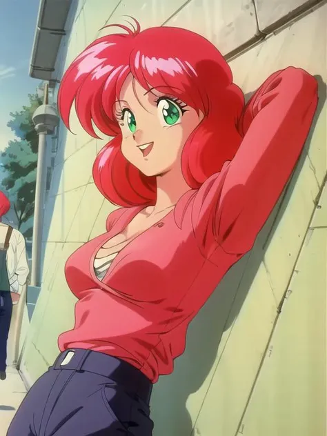 masterpiece, <lora:NeneRomanova001:0.7>, <lora:add_detail:0.5>, <lora:noline:0.3>, <lora:boldline:-0.3>, neneromanova, 1girl, red hair, green eyes, 1990s style, (medium shot: 0.91), (sexy: 0.91), (trousers: 0.91), happiness, (posing: 0.91), (beautiful face: 0.91), (beautiful eyes: 0.91), (detailed face: 0.91)