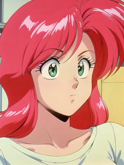 masterpiece, <lora:NeneRomanova001:0.7>, <lora:add_detail:0.5>, <lora:noline:0.3>, <lora:boldline:-0.3>, neneromanova, 1girl, red hair, green eyes, 1990s style, (medium shot: 0.91), (sexy: 0.91), (t-shirt: 0.91), cold, (posing: 0.91), (beautiful face: 0.91), (beautiful eyes: 0.91), (detailed face: 0.91)