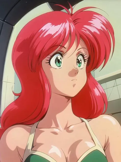 (((masterpiece, best quality, high detail))), 80s anime style, solo, outdoors,
from below, looking at viewer, head tilt, smirk, open mouth,
jungfreud, 1girl,
short hair, ponytail, wavy hair, red hair, blunt bangs, green eyes,
full body, standing, hands on the hips,
ocean, light, sunlight, ((naked, big breasts, nipples, pussy)),
