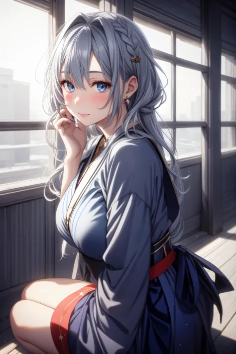 1girl, bangs, blue eyes, blush, braid, breasts, crescent moon, cross, cross earrings, dress, earrings, earth \(planet\), full moon, hair between eyes, hair ornament, jewelry, large breasts, long hair, long sleeves, looking at viewer, moon, moonlight, night, night sky, outdoors, planet, red moon, shooting star, silver hair, sky, smile, solo, space, star \(sky\), starry sky, sun