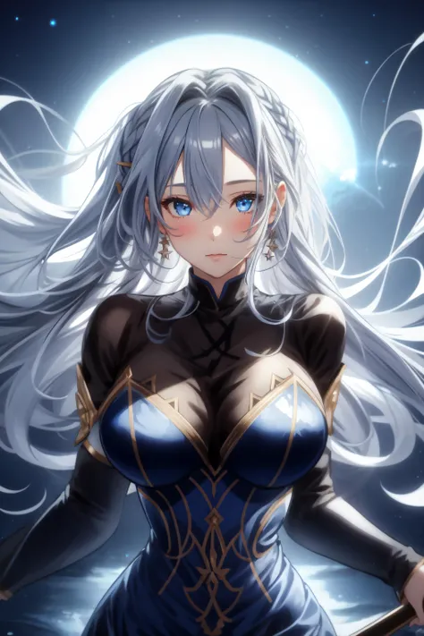 1girl, bangs, blue eyes, blush, braid, breasts, crescent moon, cross, cross earrings, dress, earrings, earth \(planet\), full moon, hair between eyes, hair ornament, jewelry, large breasts, long hair, long sleeves, looking at viewer, moon, moonlight, night, night sky, outdoors, planet, red moon, shooting star, silver hair, sky, smile, solo, space, star \(sky\), starry sky, sun