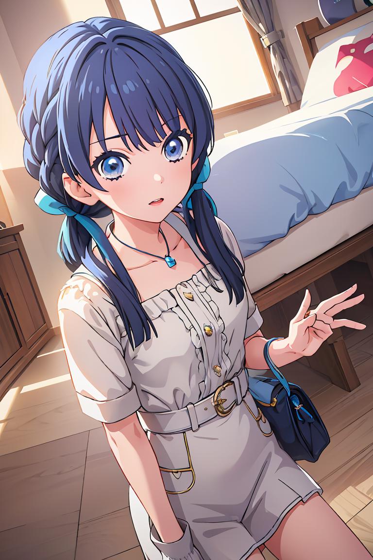 Anime girl with blue hair and blue eyes in a room - SeaArt AI