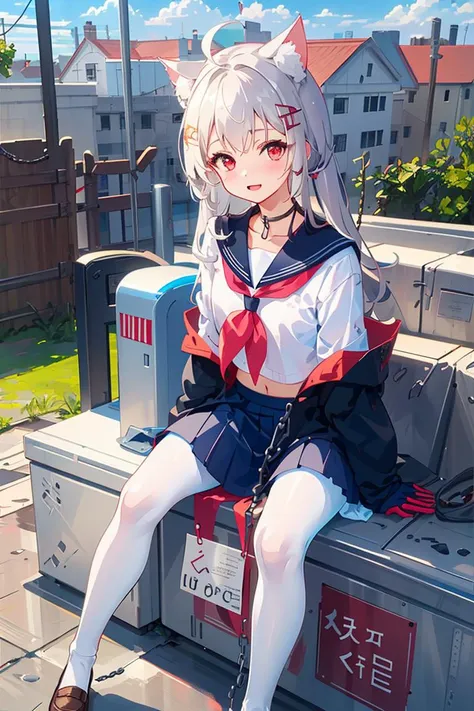 ((masterpiece, best quality)),a girl, solo, skirt, sky, sitting, pantyhose, serafuku, cloud,black gloves, outdoors, neckerchief ,day, bangs, fence, shirt, ahoge, rooftop, long hair, white pantyhose, black hair, school uniform, white sailor collar, red eyes, sailor collar, blue skirt, red neckerchief, blue serafuku, animal ears, blue sky, long sleeves, blue shirt, looking at viewer, closed mouth,cat ears, chain-link fence, pleated skirt, cloudy sky, trash can