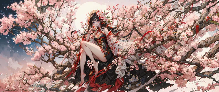 masterpiece,best quality,1girl,solo,very long hair,looking at viewer,smile,bangs,blue eyes,black hair,chinese dress,hair ornament,jewelry,sitting,full body,flower,barefoot,hair flower,moon,cherry blossoms,butterfly,tassel,pink flower,branch,in tree,<lora:Shie_Nanahara-49:0.7>,