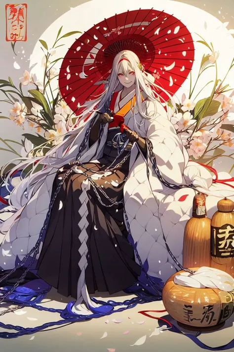 masterpiece, <lora:Shie_Nanahara-49:1>
Shie_Nanahara, solo, long hair, looking at viewer, smile, gloves, 1boy, holding, sitting, very long hair, flower, white hair, male focus, japanese clothes, black gloves, wide sleeves, kimono, cup, petals, chain, umbrella, hakama, alcohol, lantern, oil-paper umbrella, sakazuki, sake, paper lantern