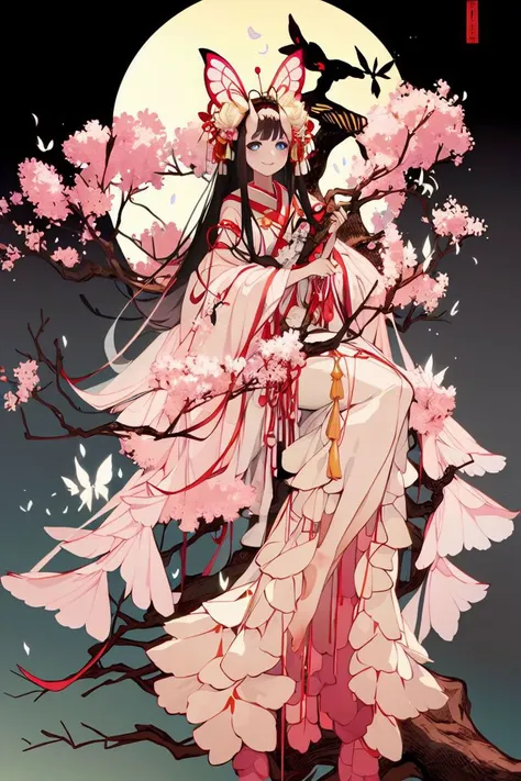 masterpiece, <lora:Shie_Nanahara-49:1>
Shie_Nanahara, 1girl, solo, long hair, looking at viewer, smile, bangs, blue eyes, black hair, hair ornament, long sleeves, dress, jewelry, sitting, very long hair, full body, flower, horns, barefoot, hair flower, wide sleeves, tree, chinese clothes, moon, bug, cherry blossoms, butterfly, tassel, pink flower, branch, in tree, hanfu