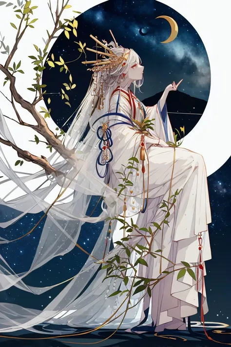 a woman sitting on a tree branch with a moon in the background